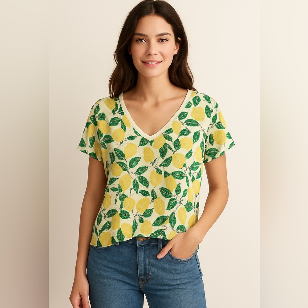 Ribiero & Matos Lemon Print V-Neck Women's linen blend T-shirt size 3XL NWT!